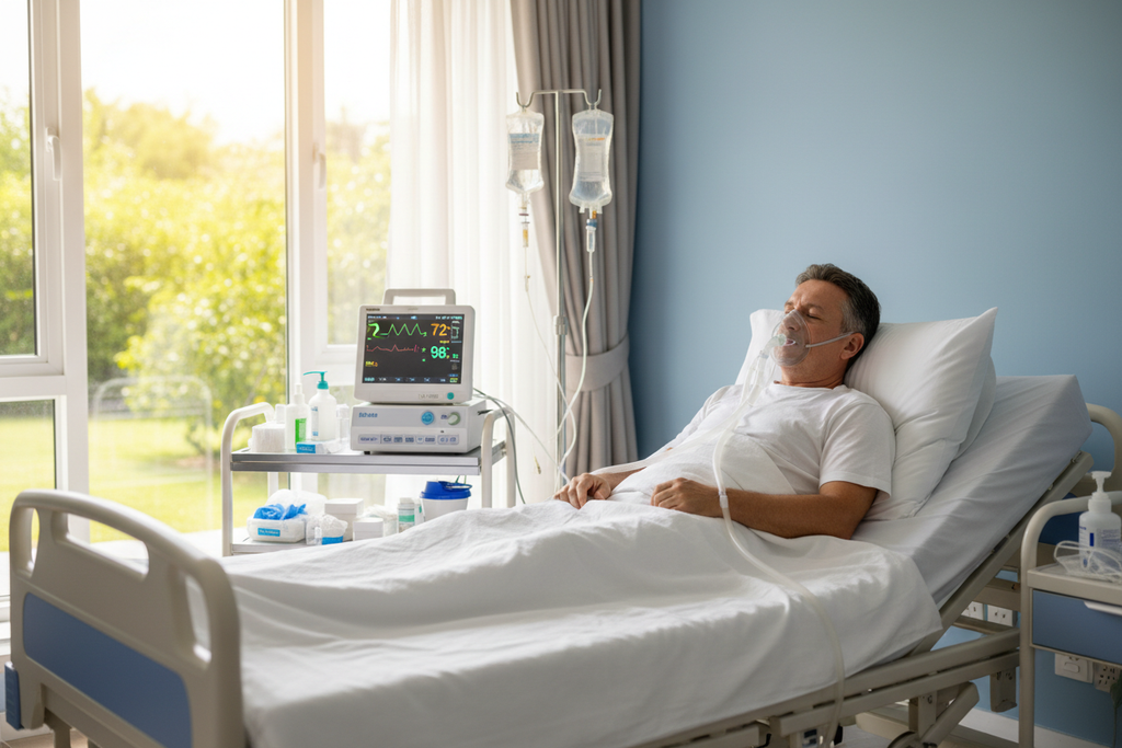 icu at home with a male patient on ventilator