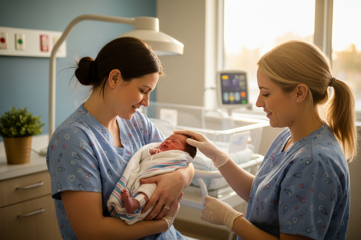 newborn and 2 nurses]