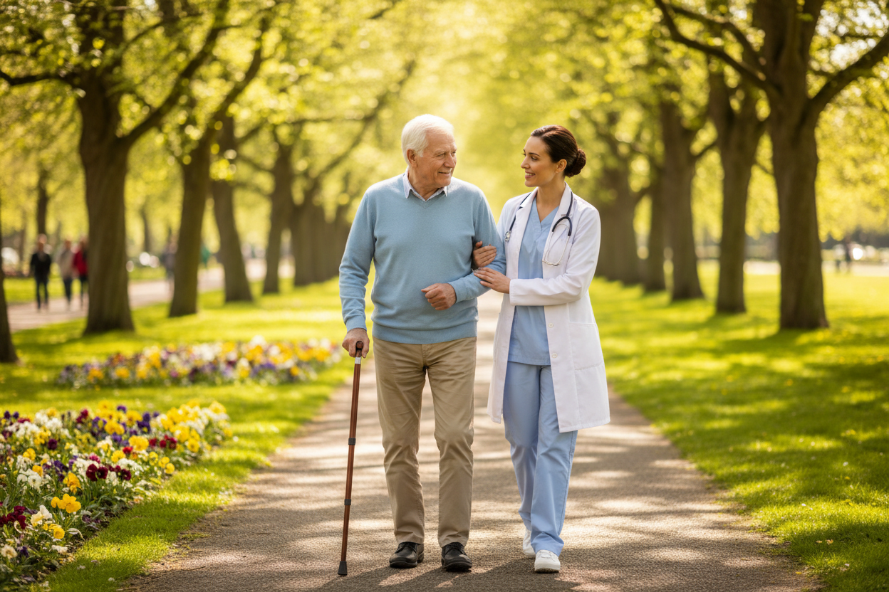 old man walking in park with nurse