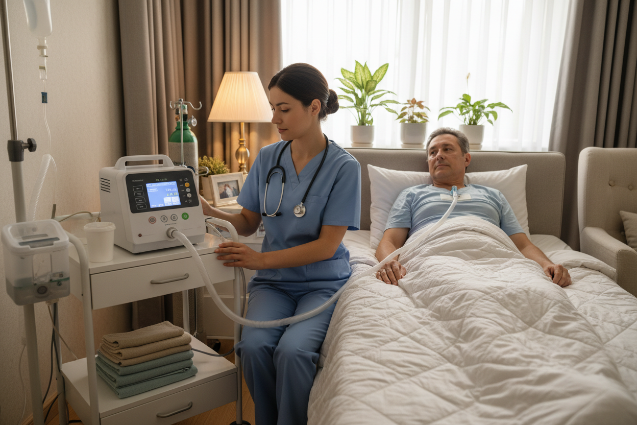 patient on ventilator with nurse at home